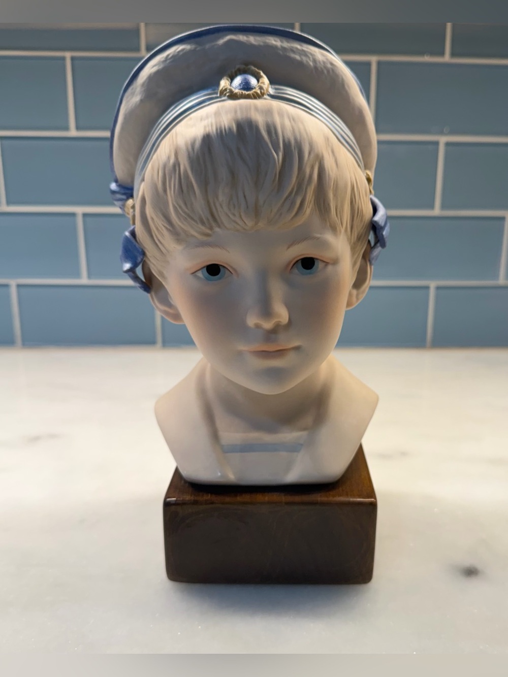 Vintage Cybis USA Porcelain Boy Bust Blue Sailor Cap Signed Wood Base 9.5”